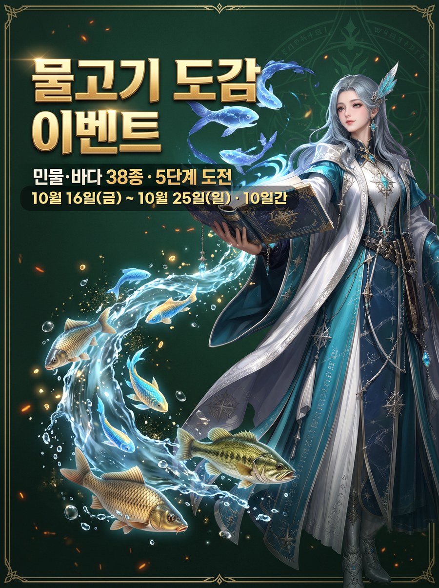 물고기 도감 이벤트 — 민물·바다 38종 · 5단계 도전 · 10/16~10/25